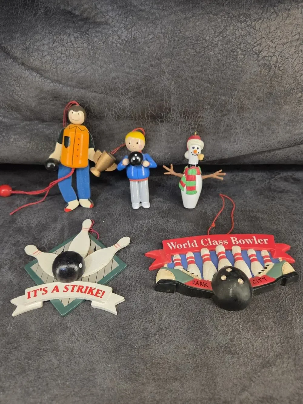 Vintage Bowling Christmas Ornament Lot Wooden Wood Snowman World Class Bowler...